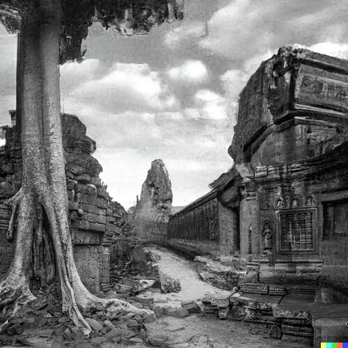 DALL·E 2022-11-30 16.58.50 - black and white, ilford hp5, ancient mushroom temple roots, wide shot, mist, dramatic clouds